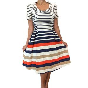 Vintage Inspired 50s Vibe Striped Fit & Flare Box Pleat Skirt Swing Dress Sz 4/6